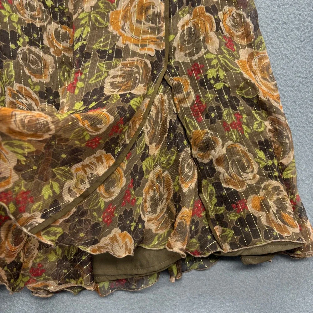 Context Silk Blend Floral Metallic Stripe Flared Skirt Brown Fairycore Boho 12P - Picture 4 of 9